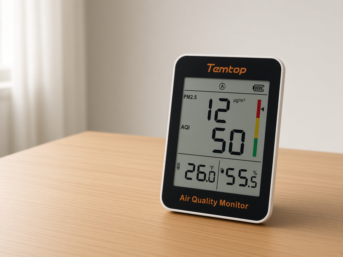 เครื่องวัดคุณภาพอากาศ Temtop S1 บนโต๊ะไม้ แสดงค่า PM2.5 12 µg/m³ และ AQI 50