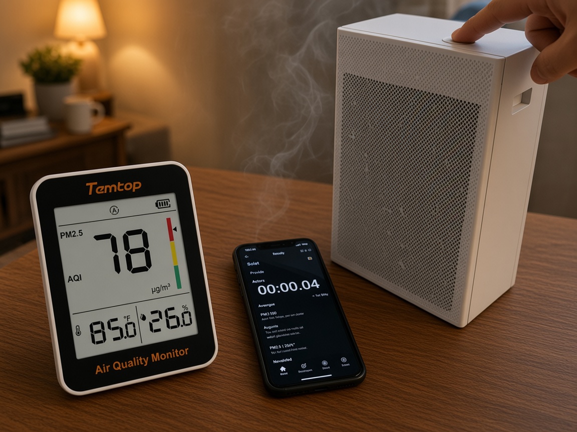 Temtop S1 แสดงค่า PM2.5 78 ข้างนาฬิกาจับเวลาในโทรศัพท์ที่เพิ่งเริ่มนับ ขณะที่นิ้วกดเปิดเครื่องฟอก