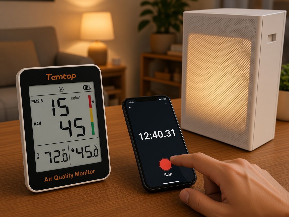 Temtop S1 แสดงค่า PM2.5 15 ขณะที่นิ้วกดหยุดนาฬิกาจับเวลาในโทรศัพท์